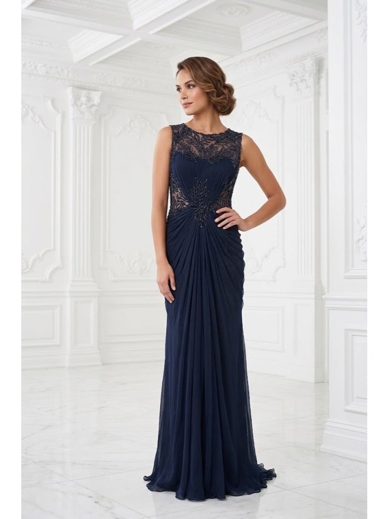 Nwt Tadashi Shoji Beaded Crinkle Chiffon Gown In Navy Ruched Maxi Dress 8